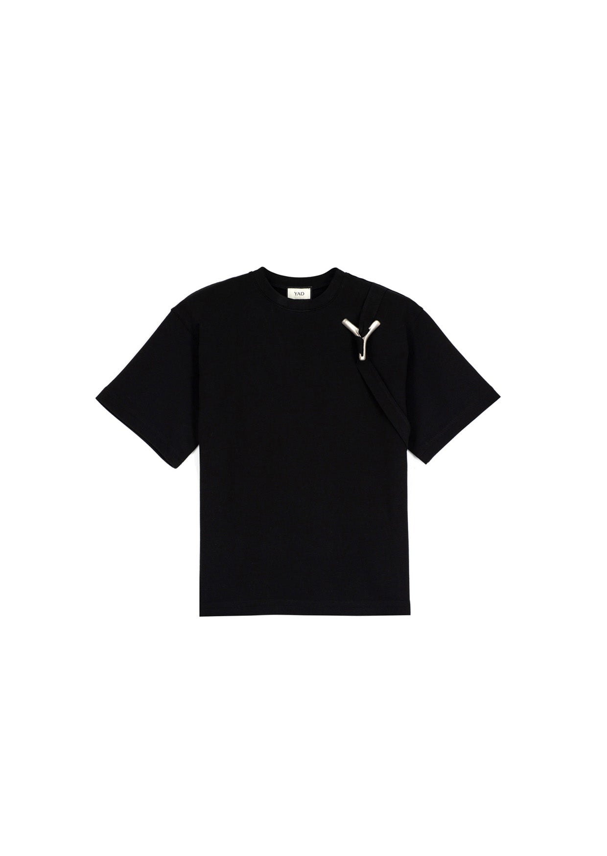 YAD Core Tee in Black, 100% Cotton, Asymmetrical Design, Signature Metal Y, Limited Edition Luxury Streetwear.

