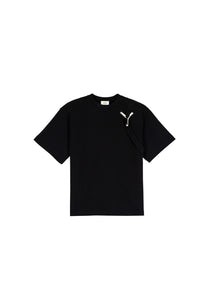 YAD Core Tee in Black, 100% Cotton, Asymmetrical Design, Signature Metal Y, Limited Edition Luxury Streetwear.

